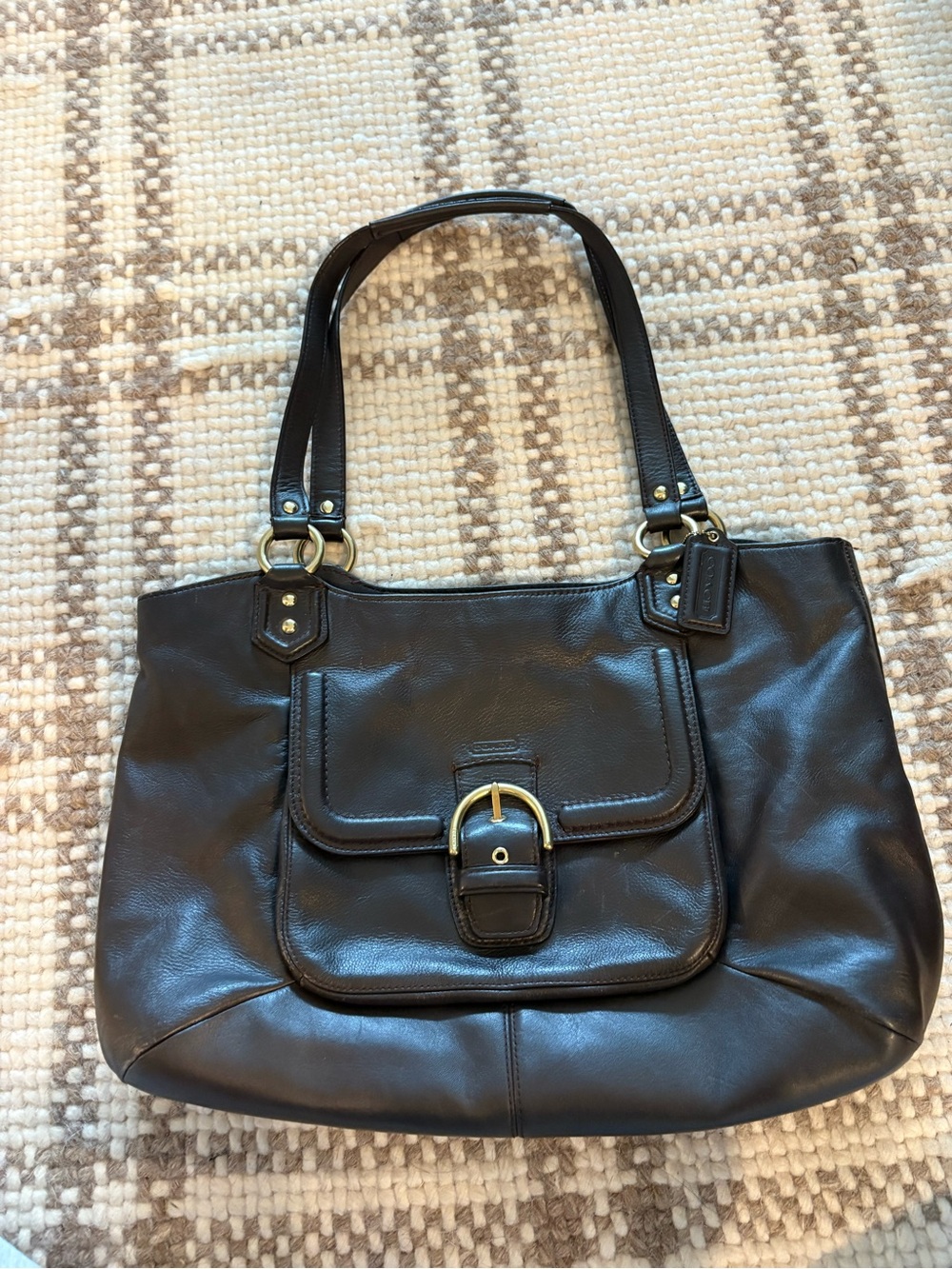 Coach Dark Brown Leather Shoulder Bag with Front Buckle